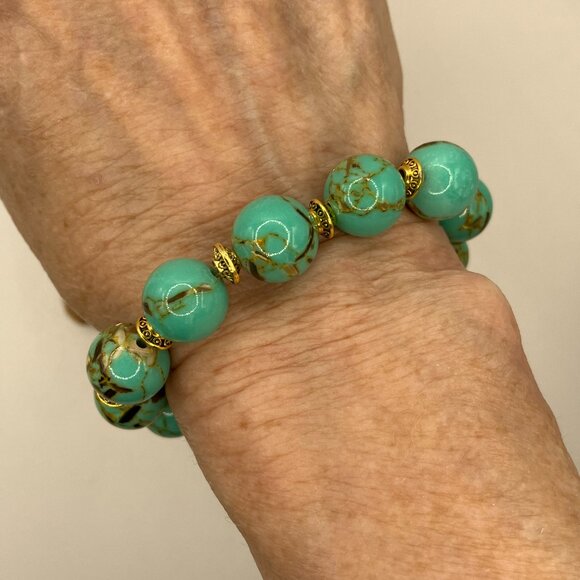 Sea Shell Turquoise 12mm Beads Beaded Stretchy Bracelet NEW - Picture 9 of 11